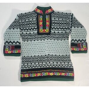 Vtg 70's Oversized Nordic Style Soft Wool Sweater With Embroidered Felt Trim